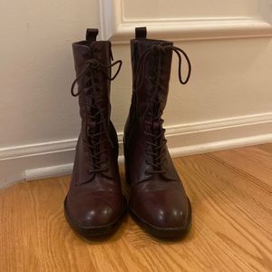 Plum Leather Frye Lace Up Boots, Size 9